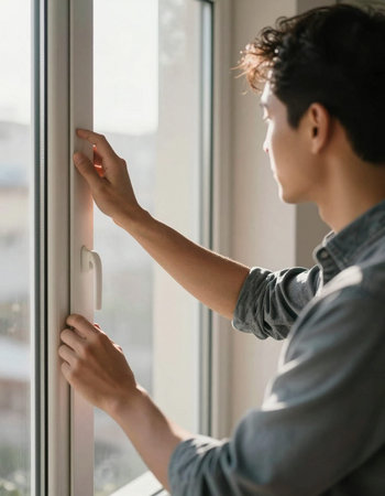 Side view of young Asian man opening plastic window at home. Man looking outside.