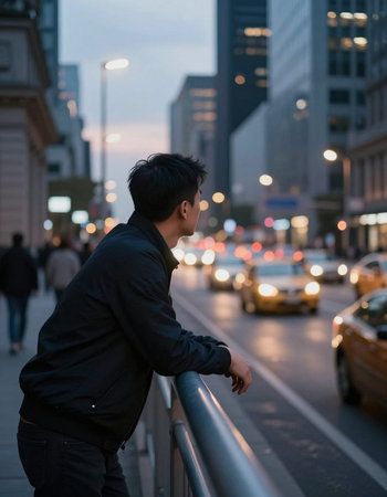 young handsome asian man in the city at night, lifestyle people conceptの写真素材