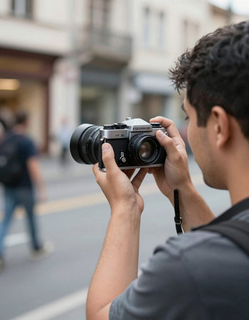Young man taking photos with a vintage camera in a city street.