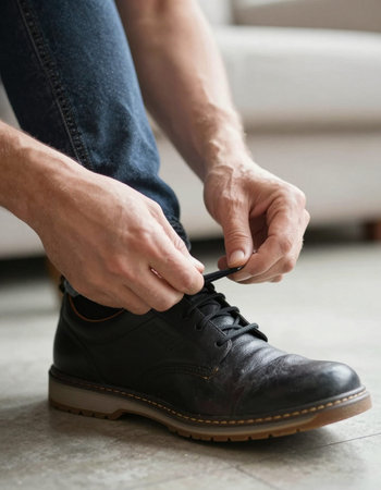 Close-up of man tying shoelaces on his black leather shoes