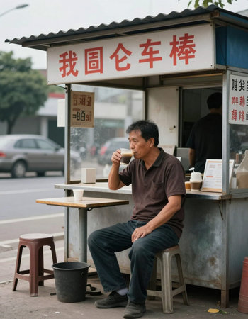 Man sitting at a coffee shop in Hong Kong.
