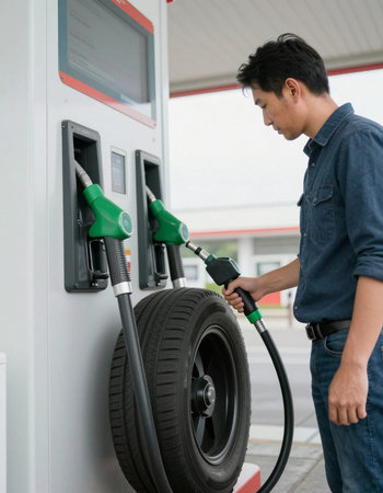 Asian man refueling car at gas station, closeup photo.