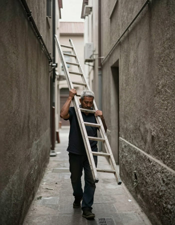 Mature man with gray hair and beard standing with ladder in the streetの写真素材