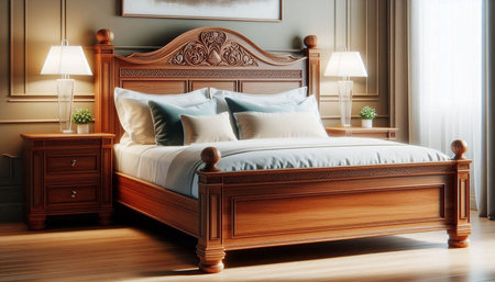 luxury bedroom interior with wooden bed and lamp. 3d render