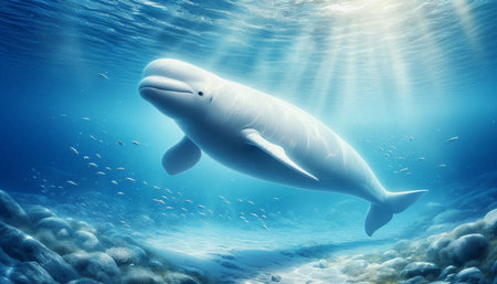 White whale swimming in the ocean. 3d render. Underwater world.の写真素材