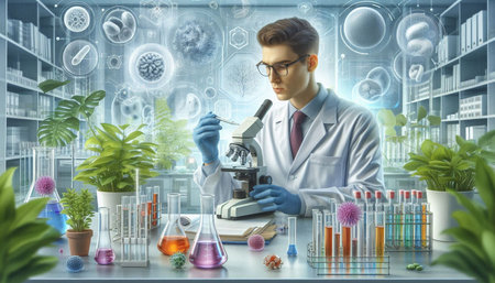 Scientist working in laboratory. Medical research and development concept. 3D rendering
