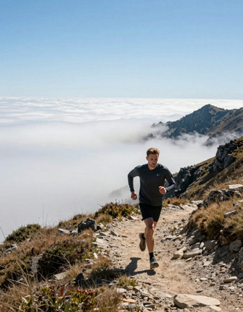 Man running on a mountain trail in the clouds and blue sky.