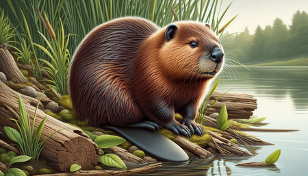 Cute beaver sitting on a log by the lake. Vector illustration.の写真素材