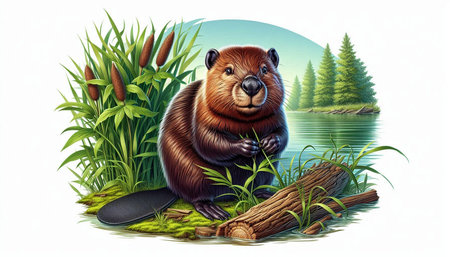 Cute beaver sitting on the log in the forest. Vector illustration.