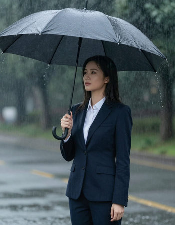 Portrait of a young Asian businesswoman with umbrella in the rain