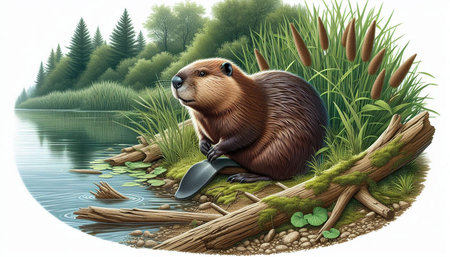 Cute beaver on the bank of the river. Vector illustration.