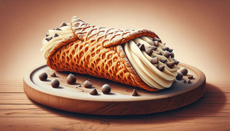 Delicious waffle with cream and chocolate on a wooden board.