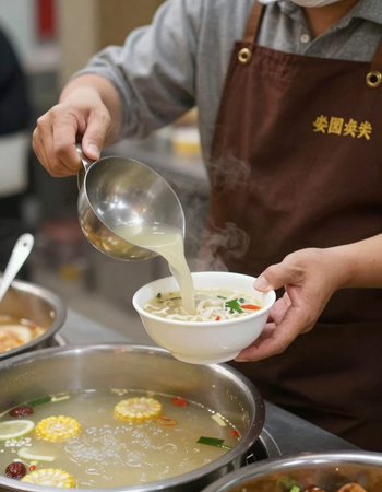 Hands of a chef in a restaurant, preparing a hot pot