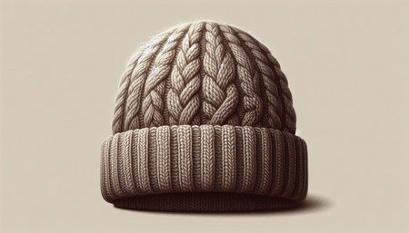 knitted hat with a pompon on a gray background, top view