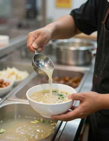 Chef cooking soup in a restaurant kitchen, concept of healthy food.の写真素材