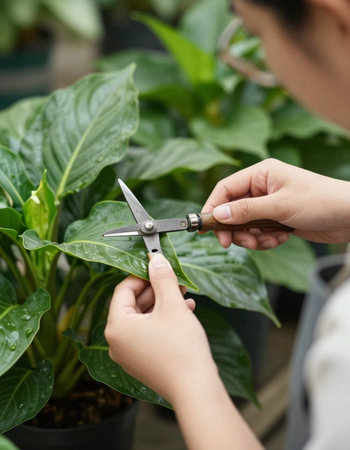 Close-up of gardener trimming a houseplant with scissorsの写真素材