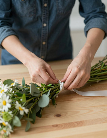 Florist making bouquet of eucalyptus on table