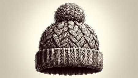 knitted hat with pompon on a light background, top view