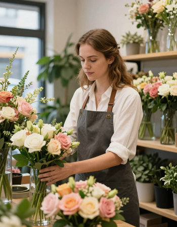 Female florist in apron working with flowers in flower shop