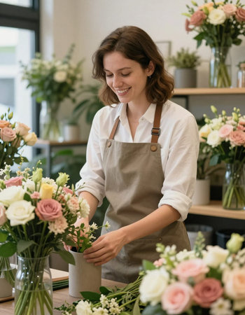 Portrait of a young female florist working in a flower shopの写真素材