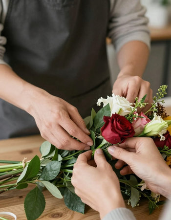 Cropped image of florist making bouquet at flower shopの写真素材