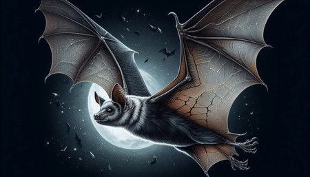 Digital composite of Flying bats with full moon in the background. Halloween