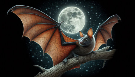 3D rendering of a fantasy vampire bat with a full moon in the background