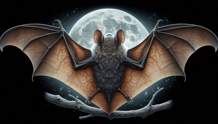 3D rendering of a bat in front of a full moon.