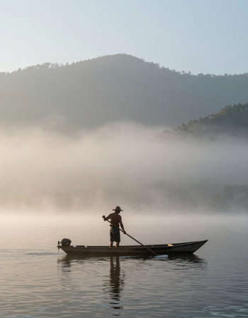 Fisherman in the morning on the Mekong river