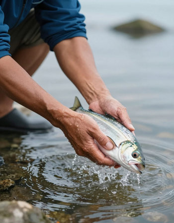 Fisherman holding a salmon caught in the river, closeup