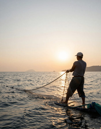 Fisherman on a boat in the sea at sunset, Thailandの写真素材