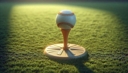Baseball ball on the base of a baseball field. 3d rendering