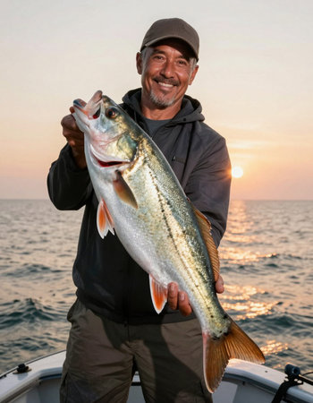 Fisherman holding a big fish on a fishing boat at sunset