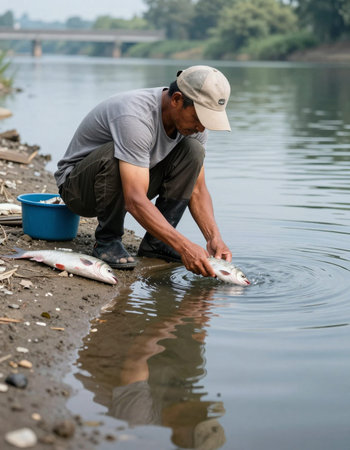 Fisherman catch fish on the river bank in the morning.