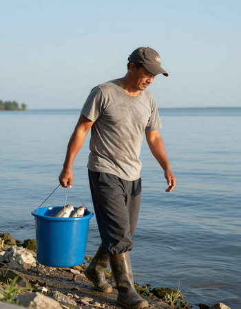 fisherman with a bucket of fresh fish on the river bank