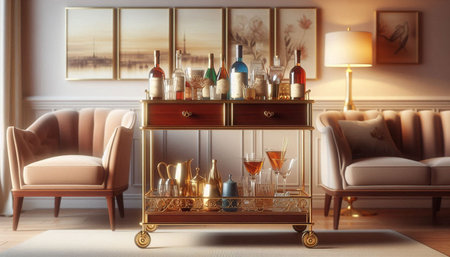 Vintage bar counter in living room interior. 3D rendering.