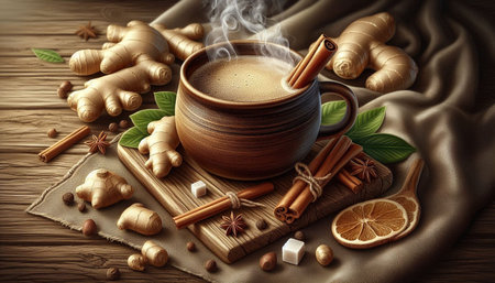 Cup of coffee with ginger, cinnamon sticks, sugar cubes and mint leaves on wooden table