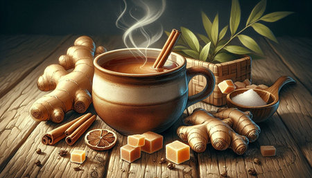 Cup of hot tea with ginger, honey and cinnamon on wooden table