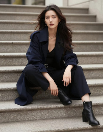 Portrait of a beautiful young asian woman in black coat sitting on stairs