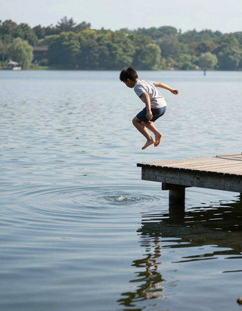 Young boy jumping into the water on a jetty at a lakeの写真素材