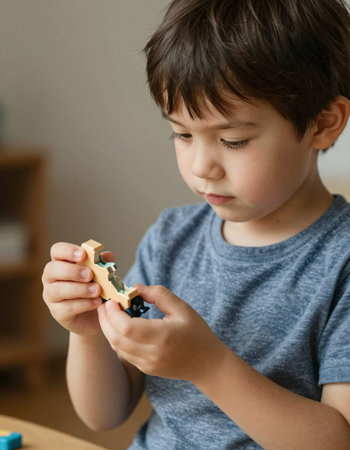 Cute little boy playing with wooden toy car at home, indoors