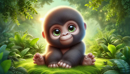 3d rendering of a cute baby gorilla sitting in the grass with green background