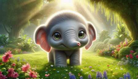 Cute baby elephant in the jungle. 3D illustration. Fantasy.の写真素材
