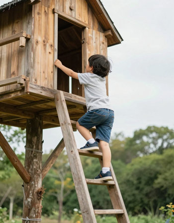Cute little boy climbing on a wooden house in the park.