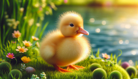 Cute yellow duckling on green grass with flowers and easter eggsの写真素材