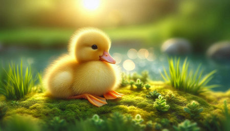 Cute yellow duckling on green meadow with bokeh effectの写真素材