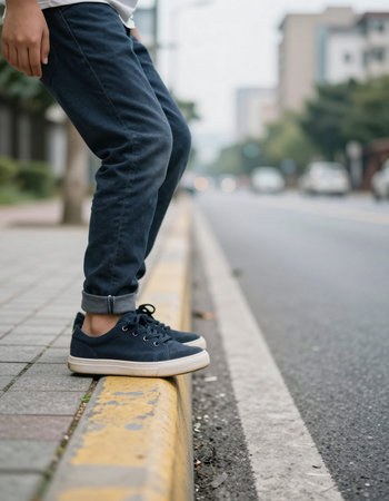 Legs in sneakers and jeans standing on the pedestrian crosswalk.