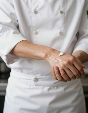 Close up of hands applying moisturizing cream on the skin.