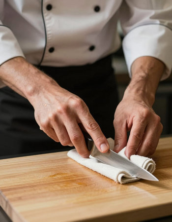 Chef cutting a white napkin with a knife in a restaurant kitchen