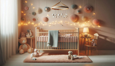 Baby room interior with crib, toys and lamps. 3d rendering